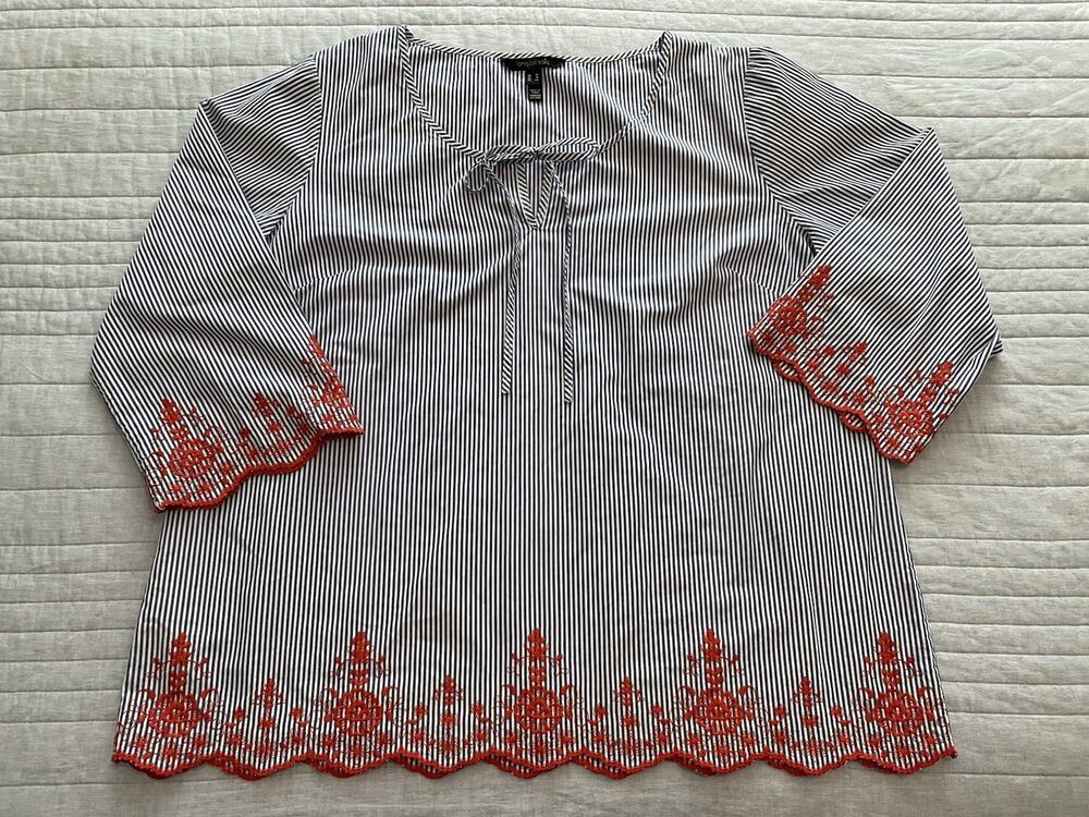 Long Tall Sally Size 16T Blue White Stripe Red Embroidered Blouse F6
